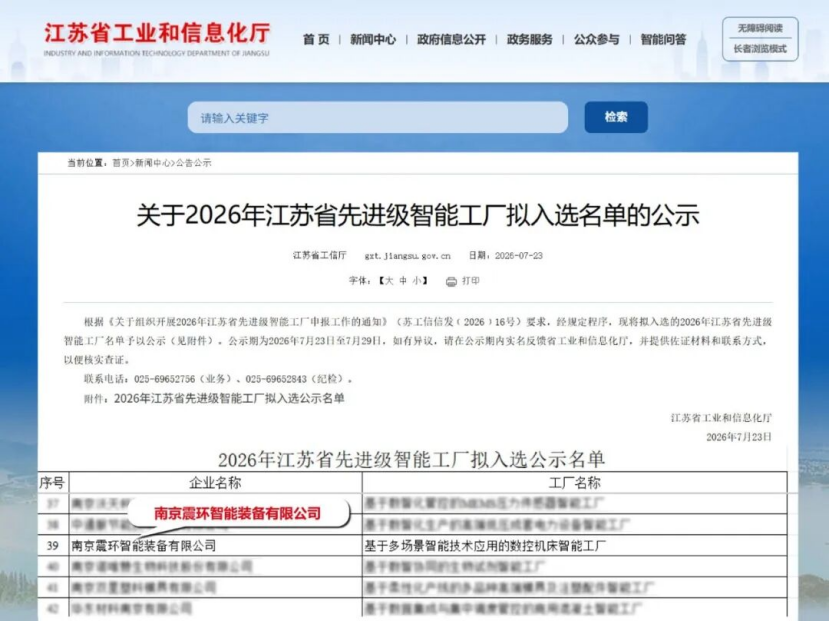 喜讯 | 震环机床进入2026年江苏省先进级智能工厂拟入选名单！